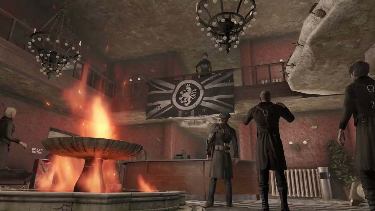 Fallout London, several characters standing in a room near a fire, with someone talking from the balcony above a militaristic flag.