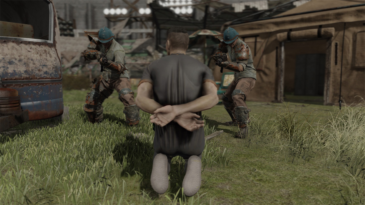 Fallout London, a character kneeling tied up in front of two armed enemies.