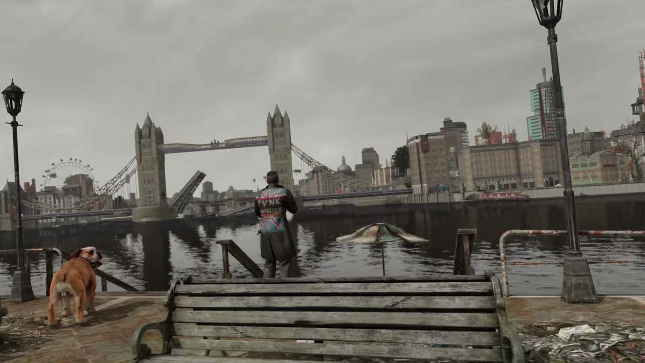 Fallout London, characters and a dog looking out over the Thames at Big Ben.
