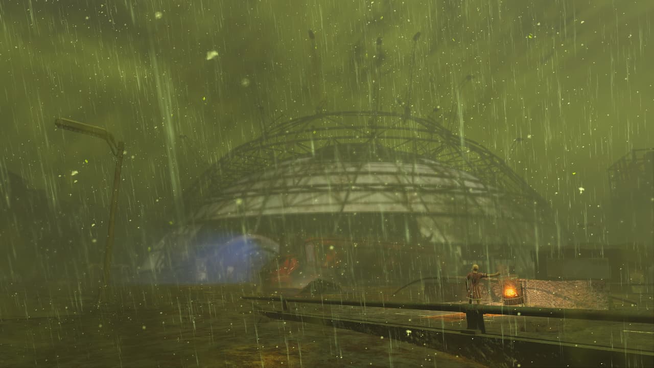 Fallout London, a view of a dome covered by green mist.