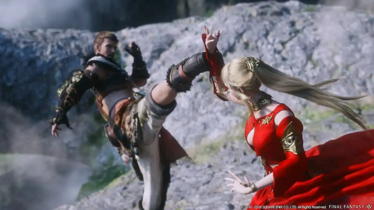 a woman in a red dress parries the kick of a man in a crop top as they fight on a mountain