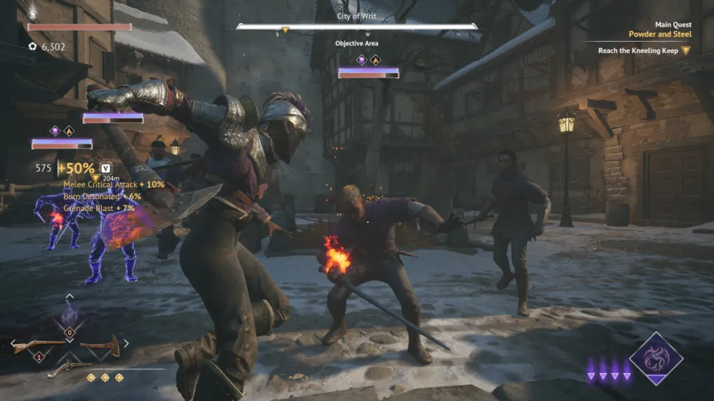 The player swing backs an axe as an enemy misses the swing of their sword, with several other enemies moving to swarm the player