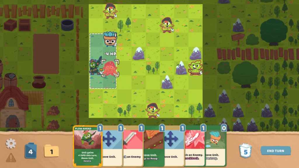 Floppy Knights, a turn-based game with creatures on a field, looking cute, and a selection of cards at the bottom of the screen. 