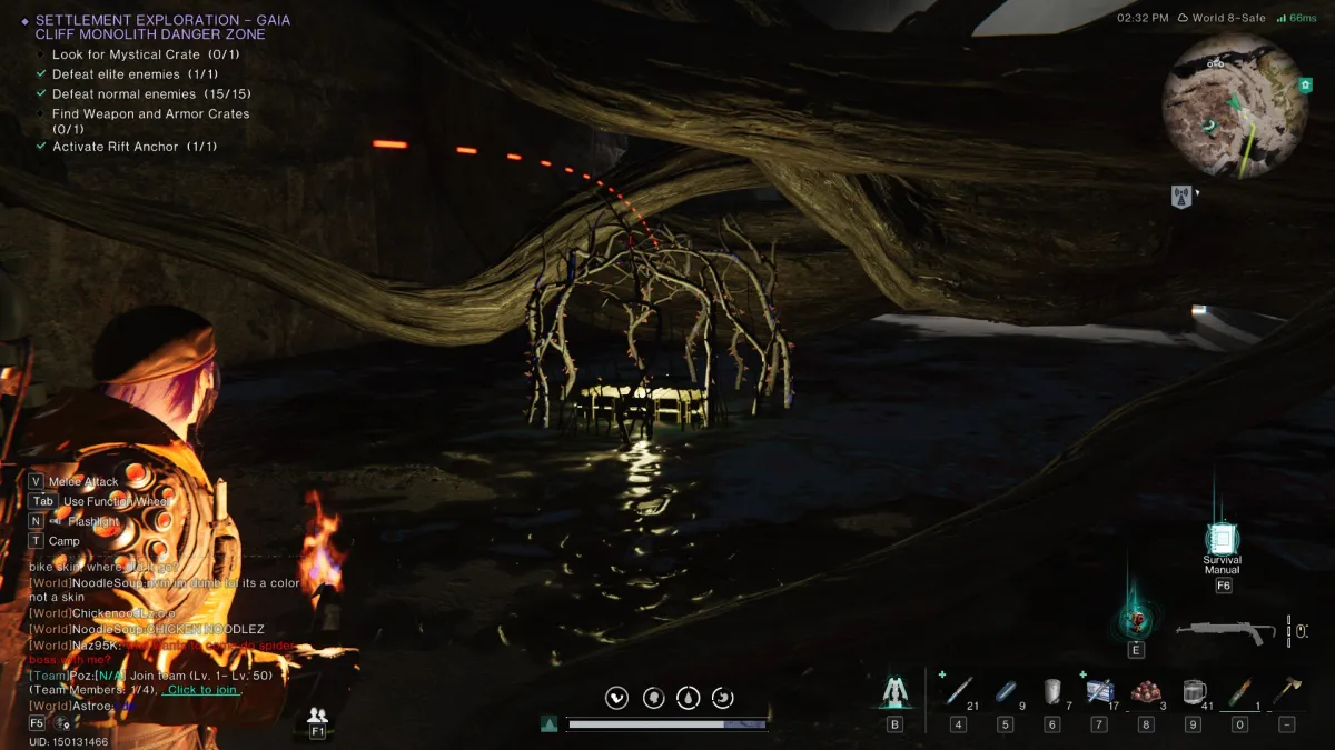 Image of the player pulling back their arm to throw a lit molotov cocktail at a chest surrounded by thorns