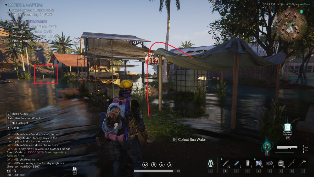 Image of the player character standing in a water filled farmer's marked, with red marking the location of the gear crate and how to get to the mystical crate