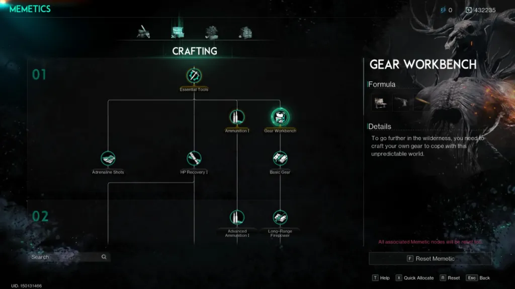 Image of the Once Human memetic menu, with the Gear Workbench Selected