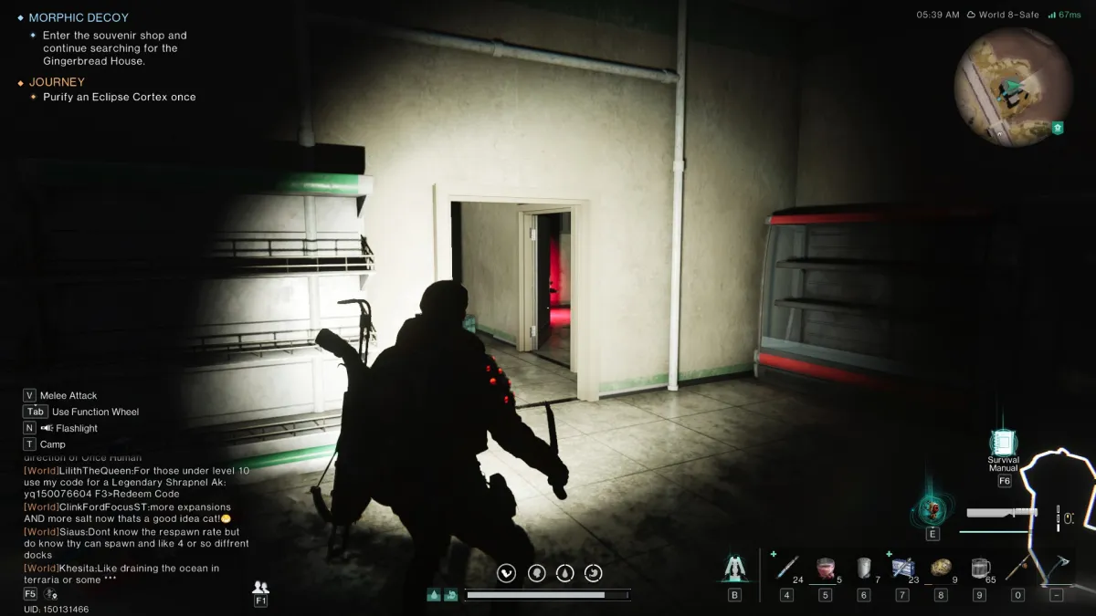 Image of the player in the souvenir shop, looking at a door where you can see a bit of red light permeating in Morphic Decoy quest in Once Human