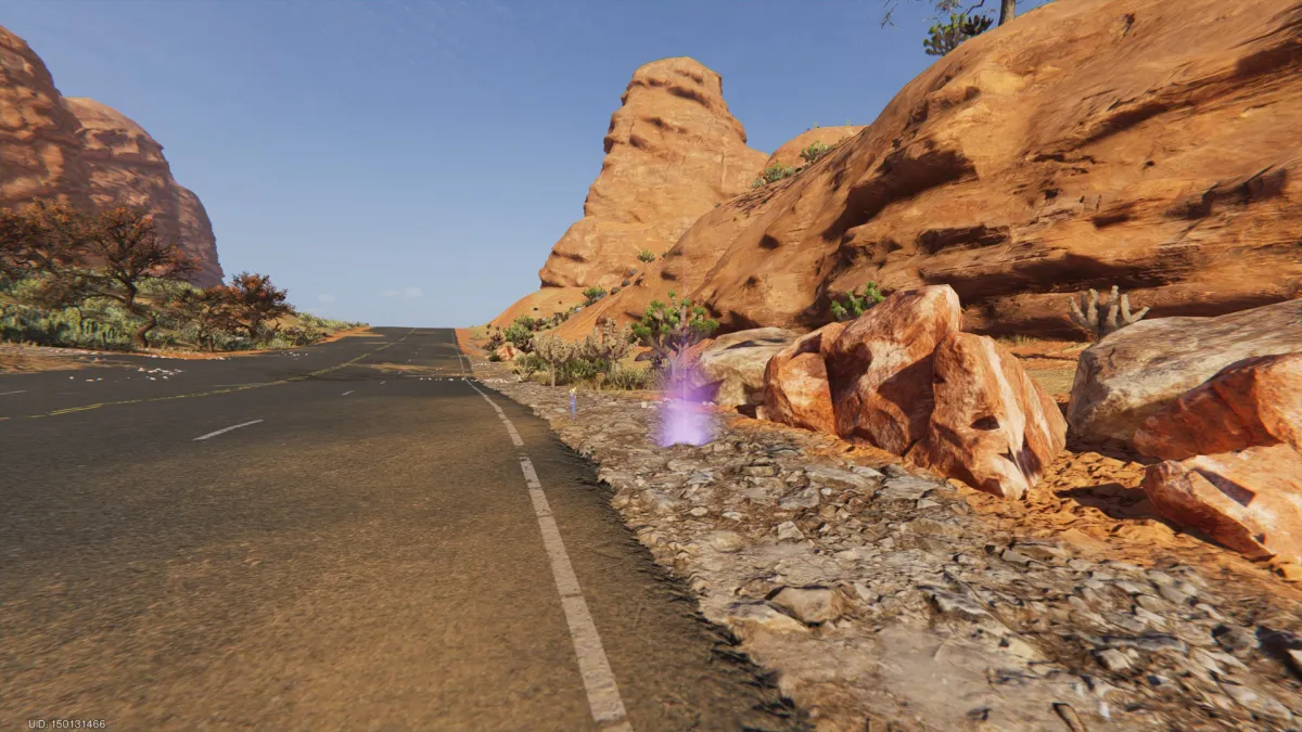 A long dusty highway with a mound of dirt that glows vaguely purple and pink close to red stone 