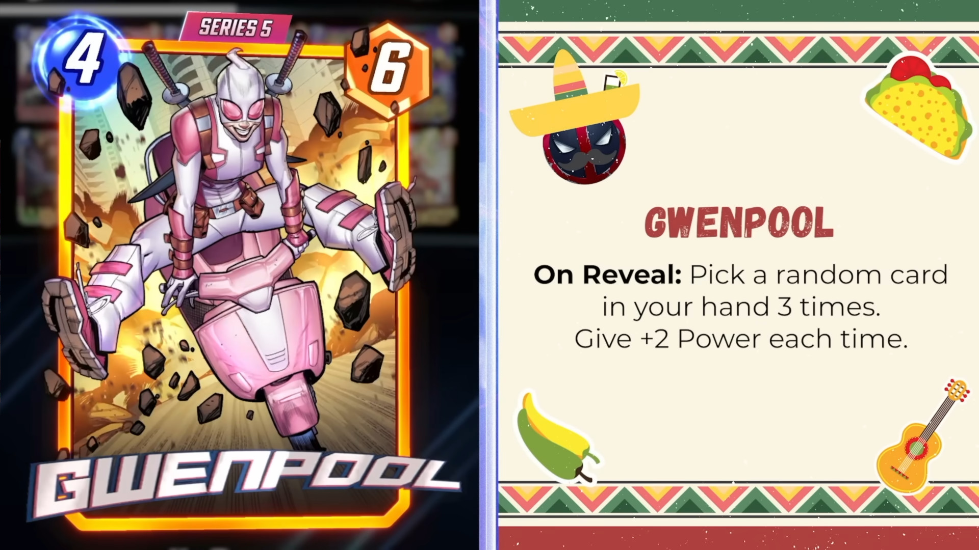 a close up of the gwenpool marvel snap card with its card effect text