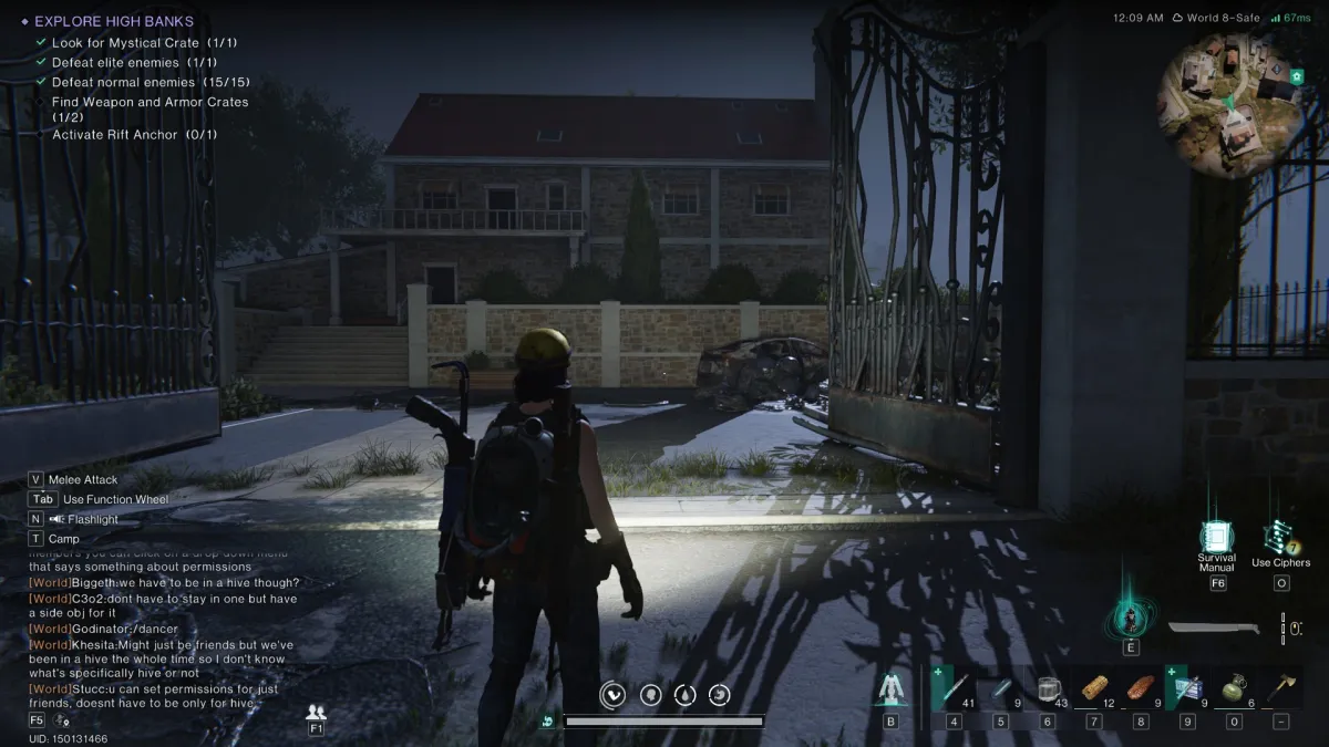 Image of the player standing outside an iron gate looking at a large house in the middle of the night