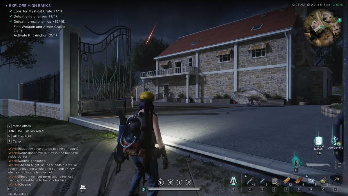 Image of the player standing outside of a different house in the middle of the night, with a Deviant in front of it, in Once Human