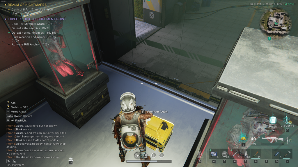 The player looking at a weapon crate at their feet in a small room surrounded by glass containers of Deviants