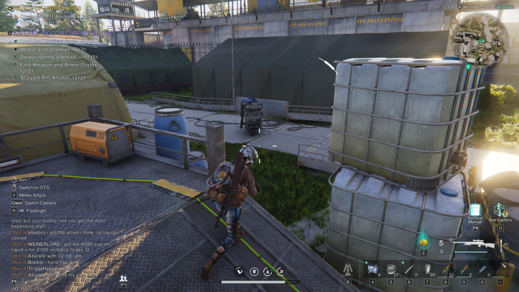 Image of the player on a metal ramp in Ricci Securement Point, looking at Brusier enemy on the adjacent road