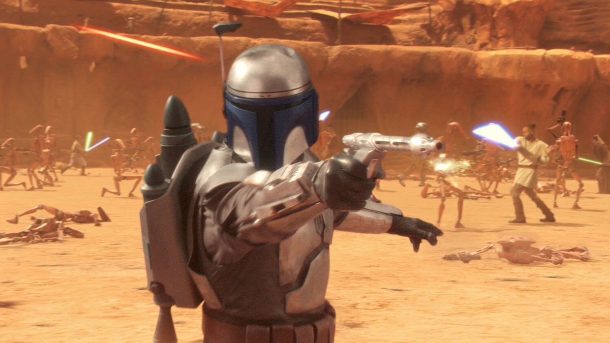 Jango Fett shooting a blaster