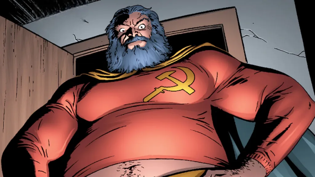 Love Sausage in The Boys comic, a superhero with a white beard and a sickle and hammer on his supersuit,