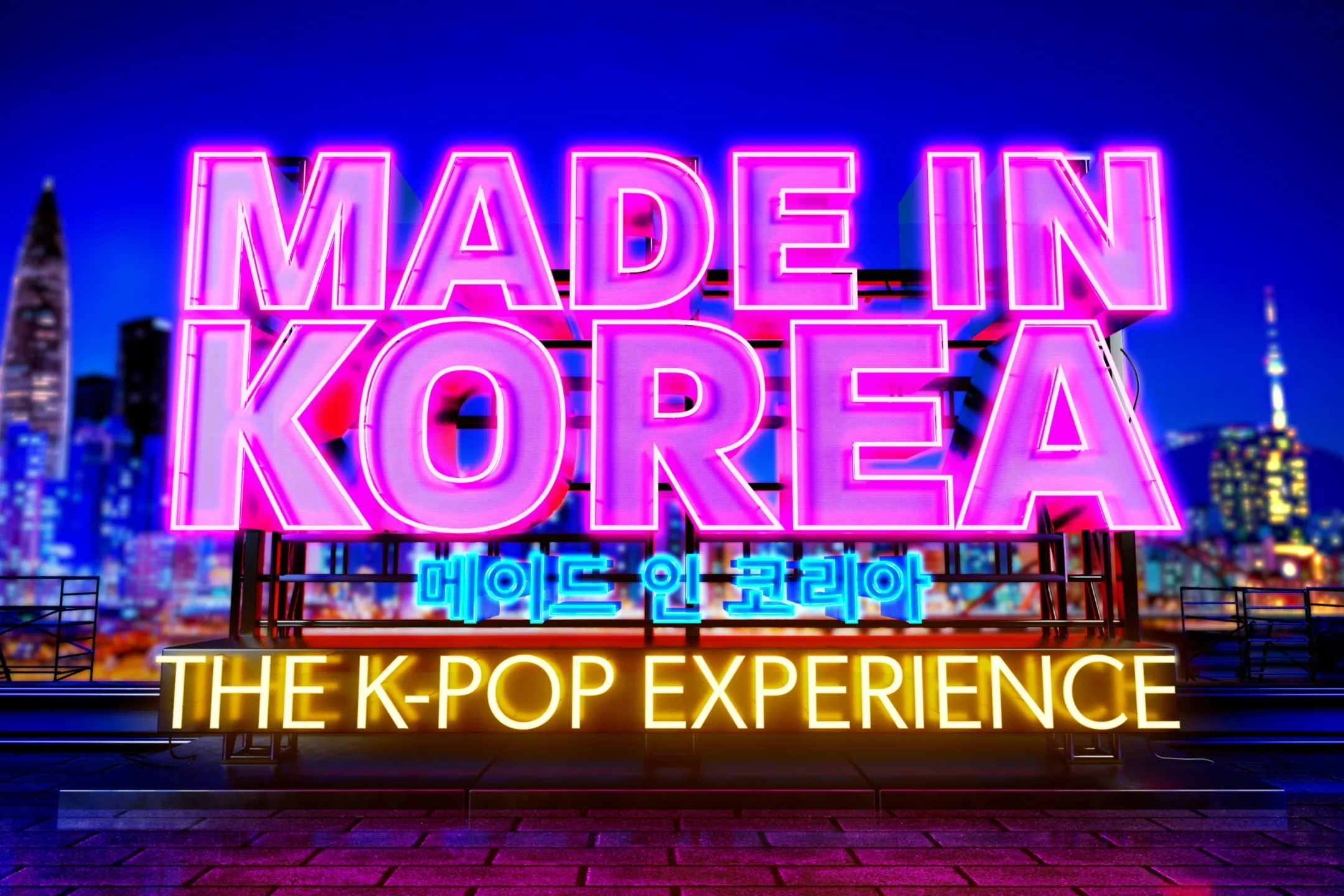 Made in Korea lit up on a rooftop in neon lights