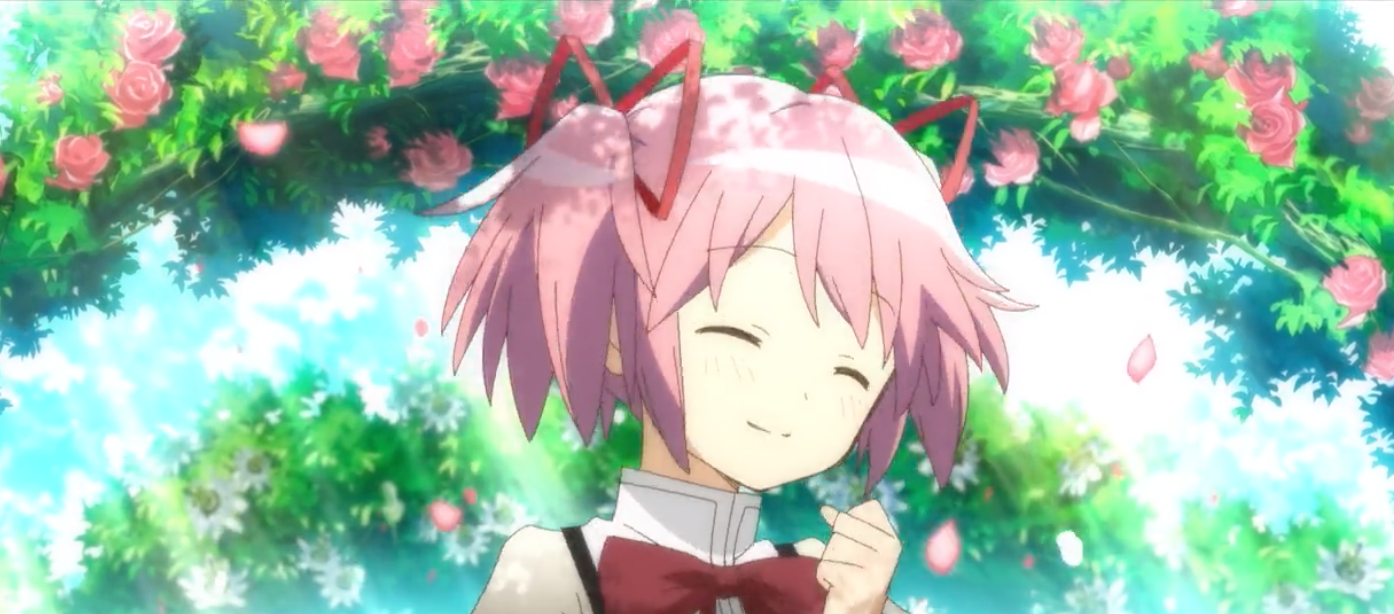 Madoka smiles under a wreath of flowers