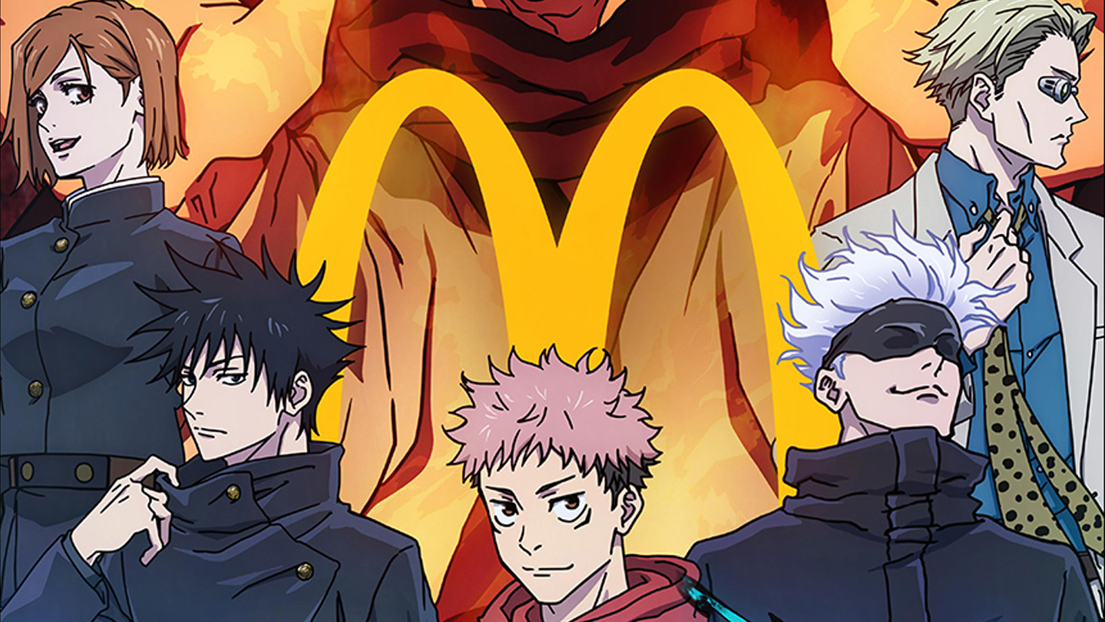 The main Jujutsu Kaisen characters stand in front of a McDonald's logo