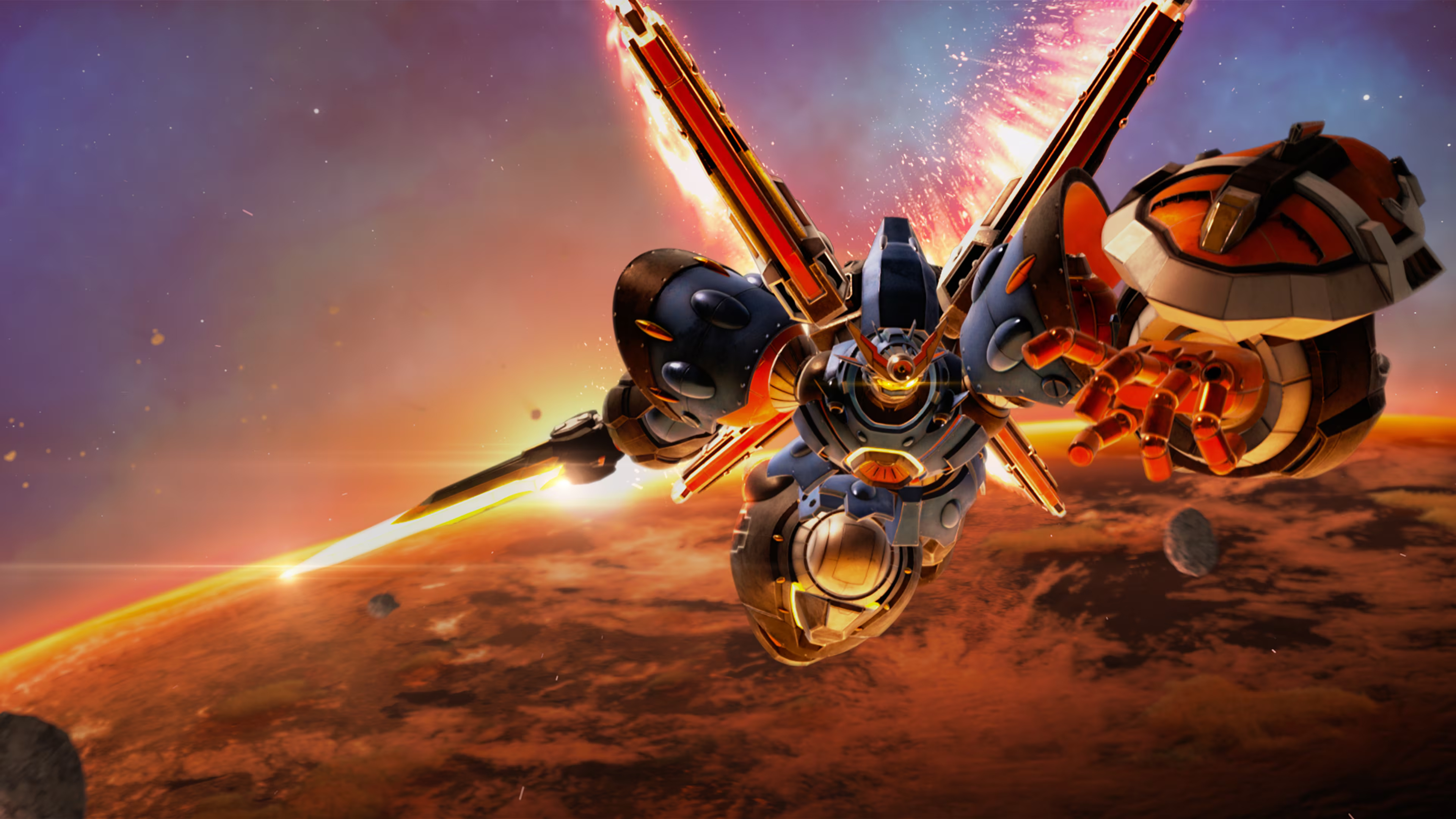 An image of a mech flying in Megaton Musashi.