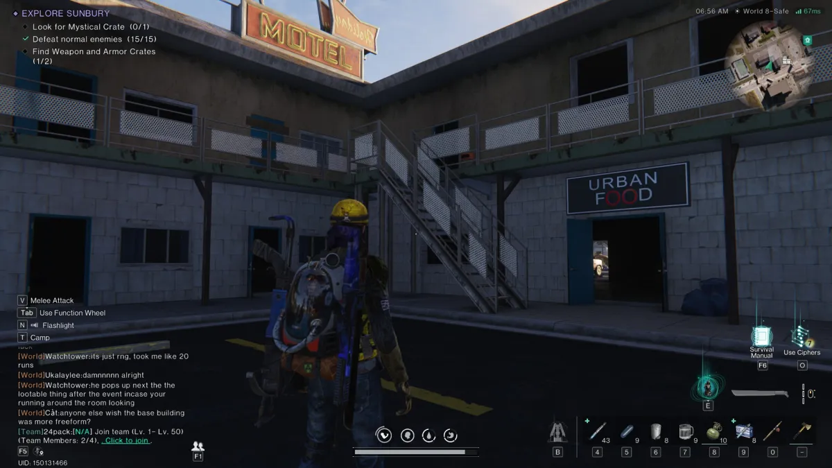 Image of the player character standing and looking at a motel with a flight of stairs in it