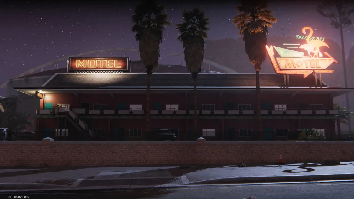 Image of a motel with bright neon signs at night in Once Human