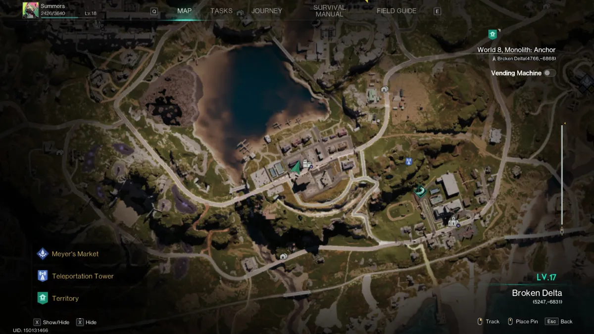 Image of the Once Human map of Sunbury, with the player icon at the motel