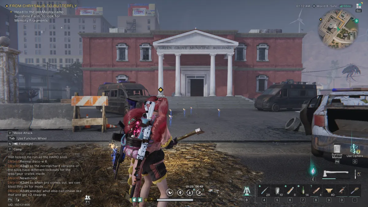 Image of the player brandishing an axe while looking at a mist-wreathed government building in Once Human