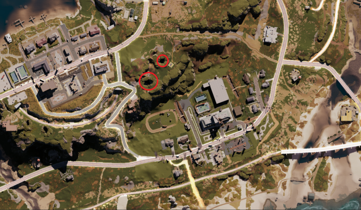 Image of the Once Human map from an aerial perspective, featuring several buildings but two circles placed over a green area with two dark spots