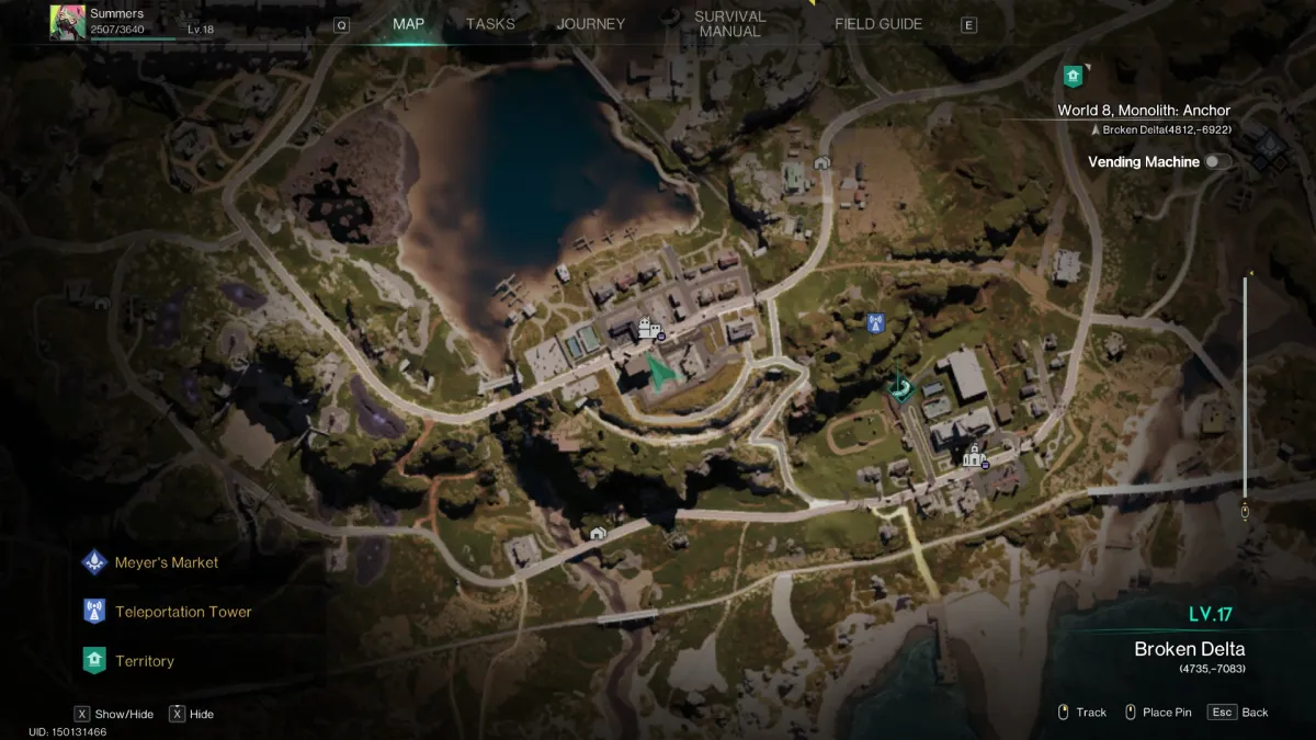 Image of the Once Human map of Sunbury, with the player icon at the mystical crate building