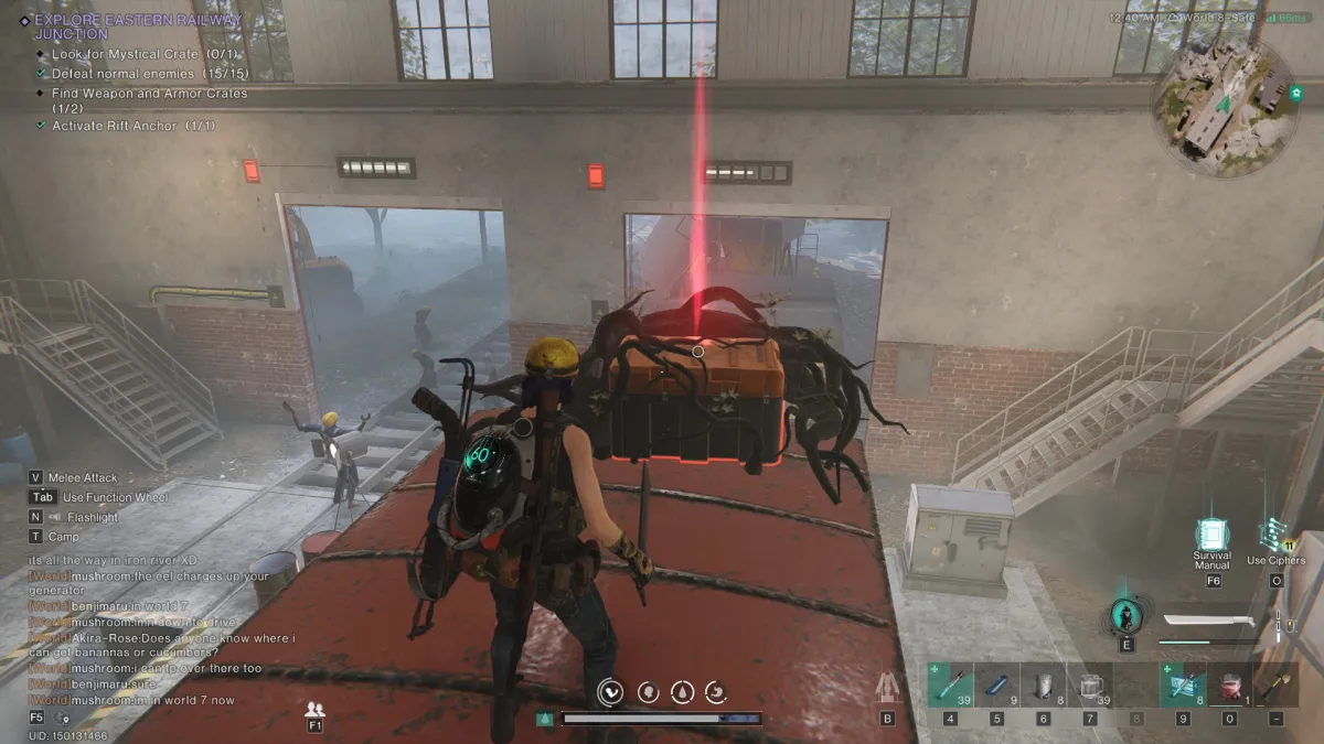 Image of the player standing on top of a red train with a mystical crate glowing in front of them