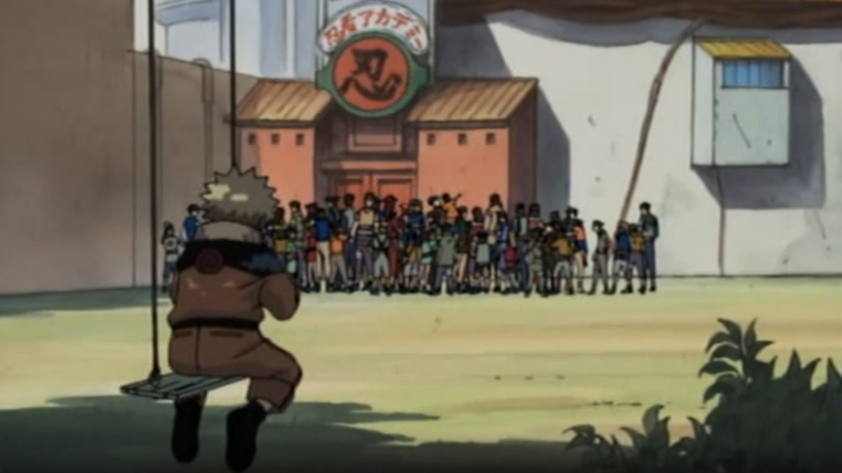 Naruto sits by himself on a swing looking at a group of similarly aged students in Naturo