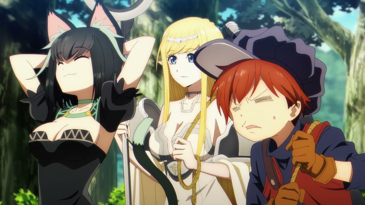 No Longer Allowed in Another World, a blonde girl, a catgirl and a boy wearing a baseball cap looking at something.
