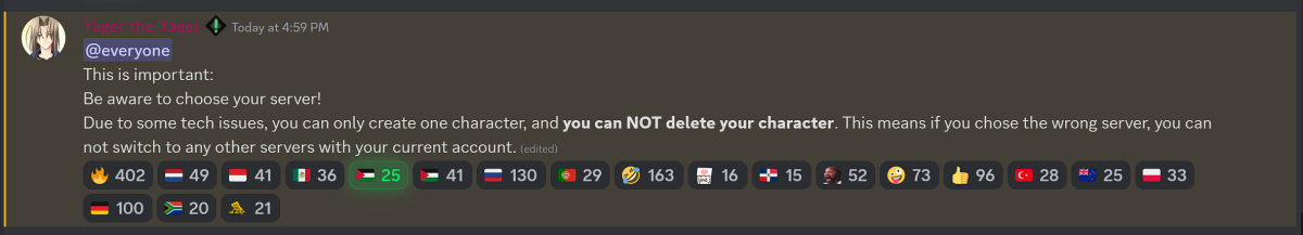 Image of a Discord screenshots with a Mod announcement explaining and warning about the character creation bug 