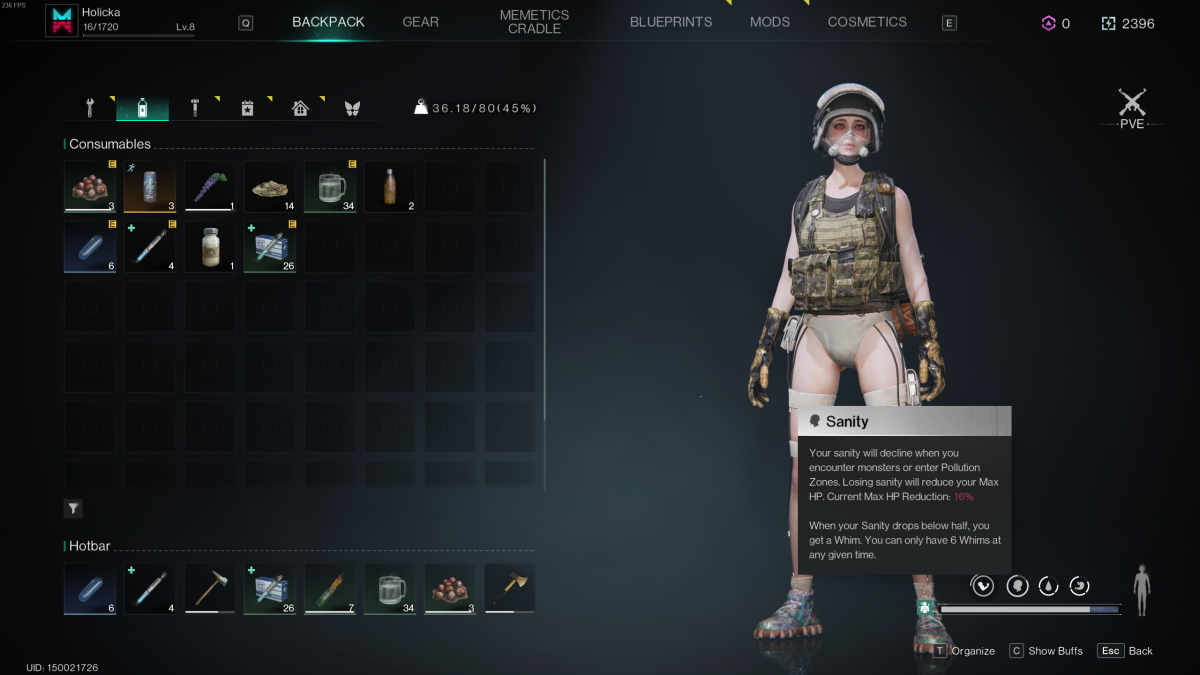 Image of the character inventory menu, with the cursor hovering over their health bar in the right corner in Once Human