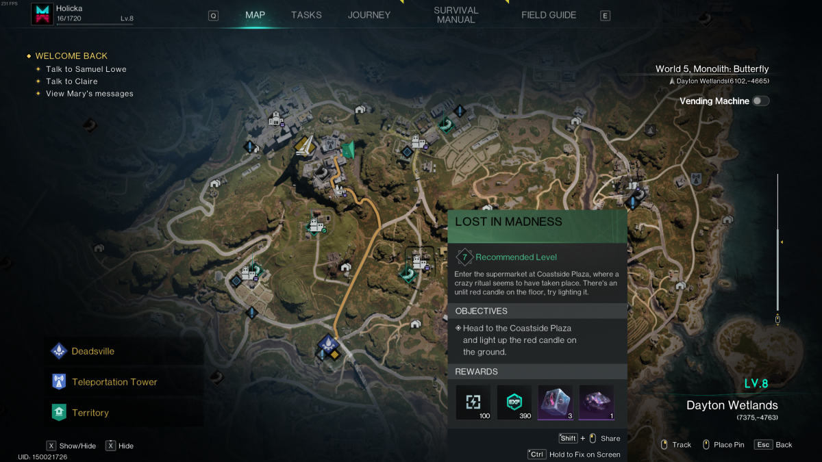 Image of the Lost in Madness quest selected by the player on a map in Once Human