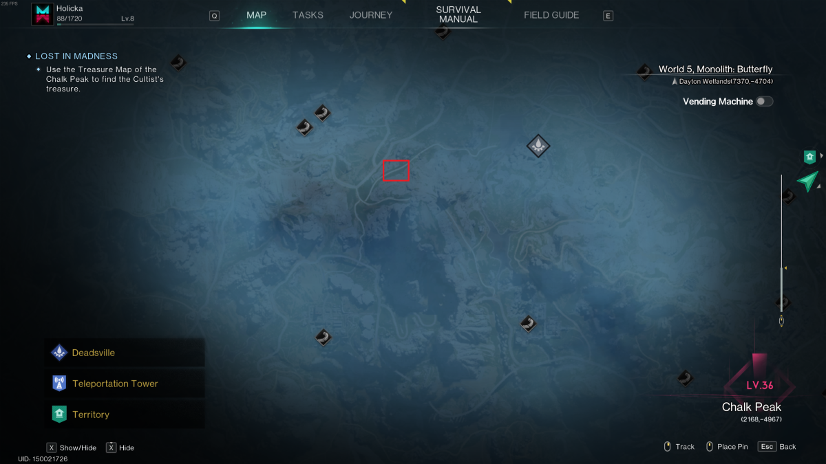 Image of a red box imposed over a greyed out map in Once Human, indicating the location of the cultist's treasure in Lost in Madness 