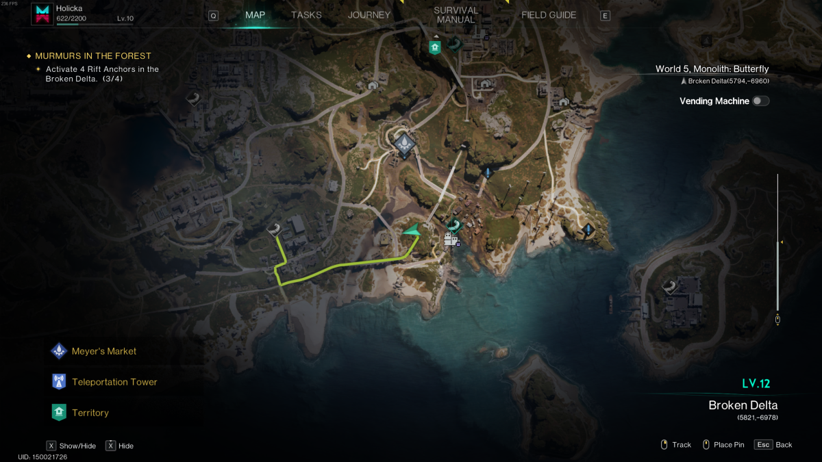 Image of the Broken Delta map in Once Human, with a green line marking the path to nearby town