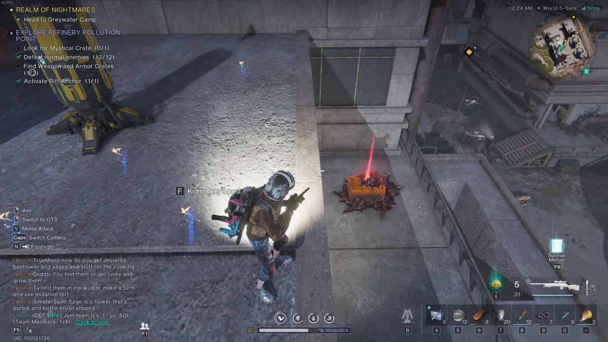 Image of the player standing on the edge of the building by a rift anchor looking down at a mystical crate