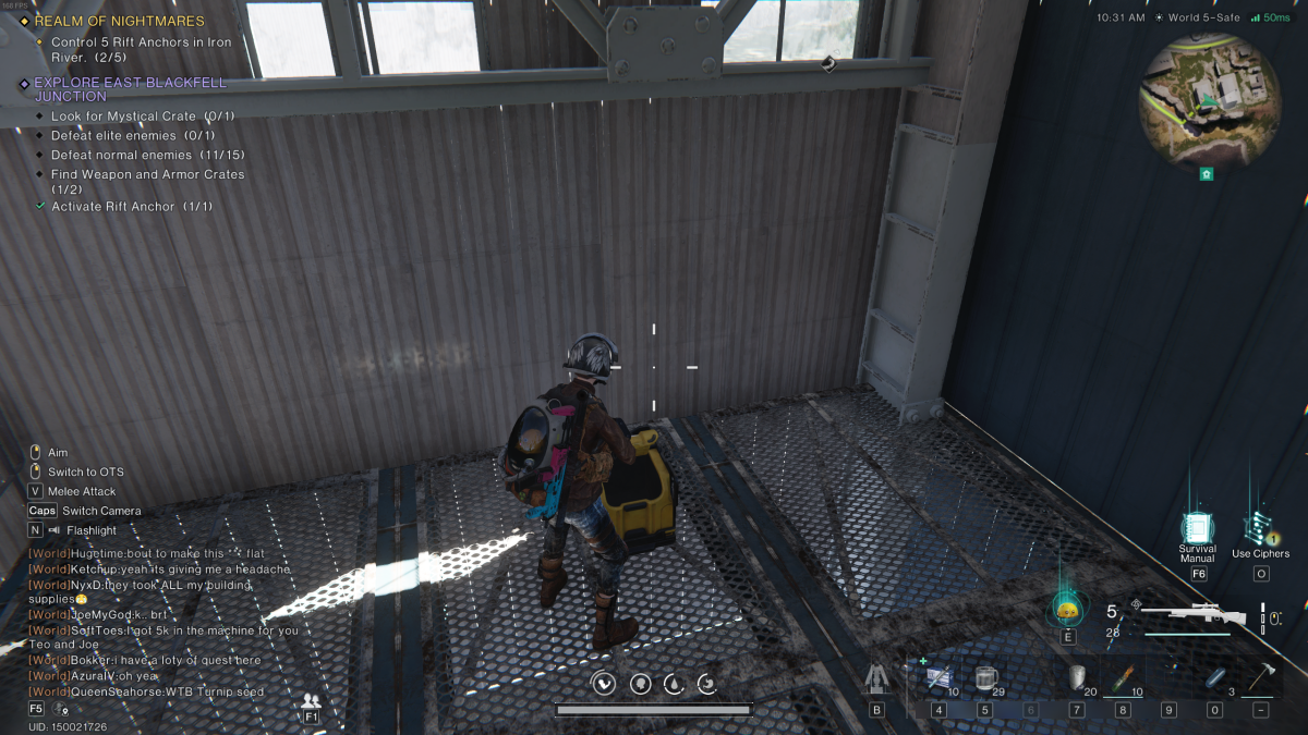 Image of the player looking at an empty gear crate on a metal floor in Once Human 