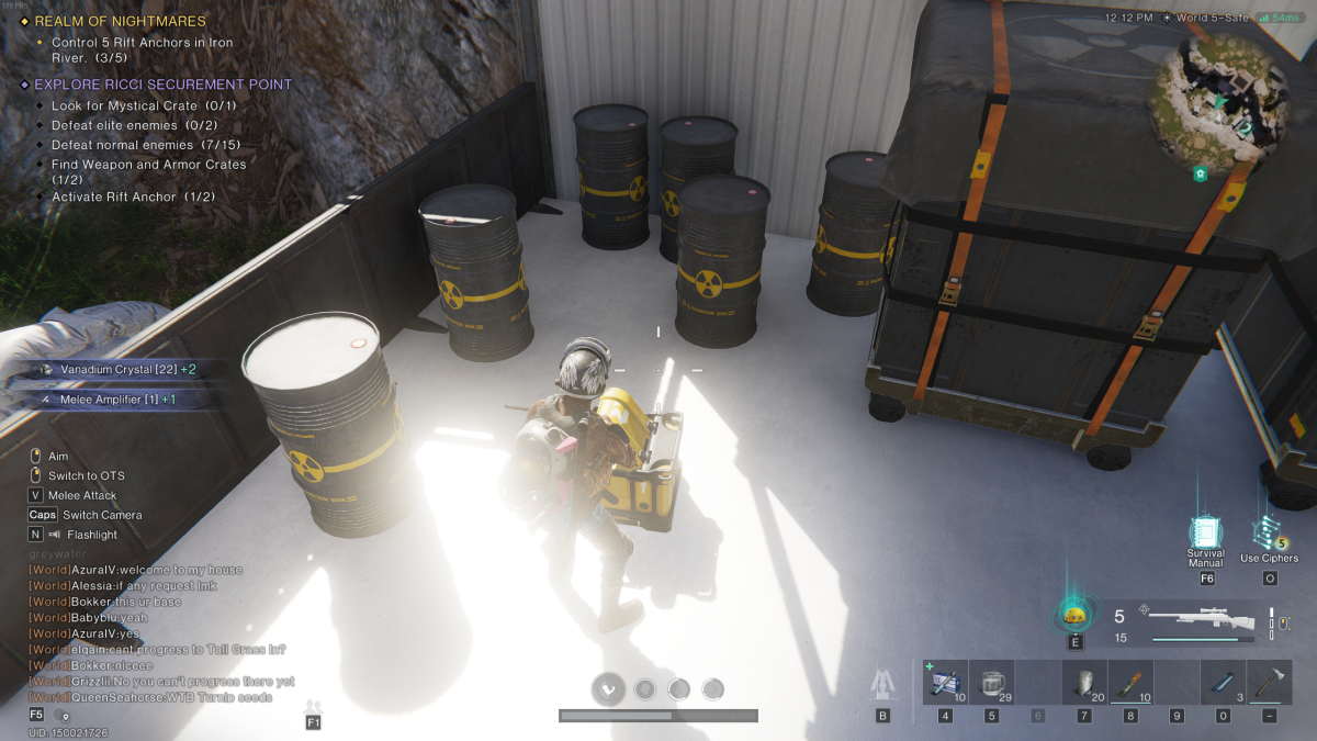 Image of the player looking at the armor gear crate, surrounded by several barrels of toxic waste