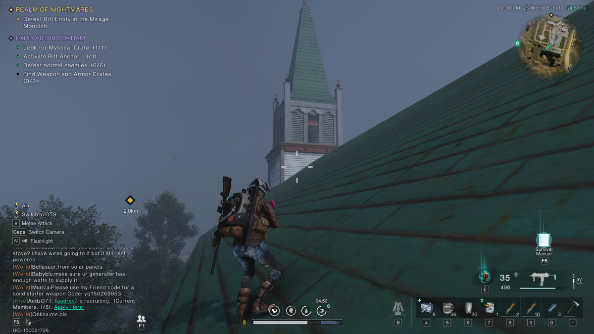 The player stands on slanted green roof with a church spire in the background, jutting out in to the mist