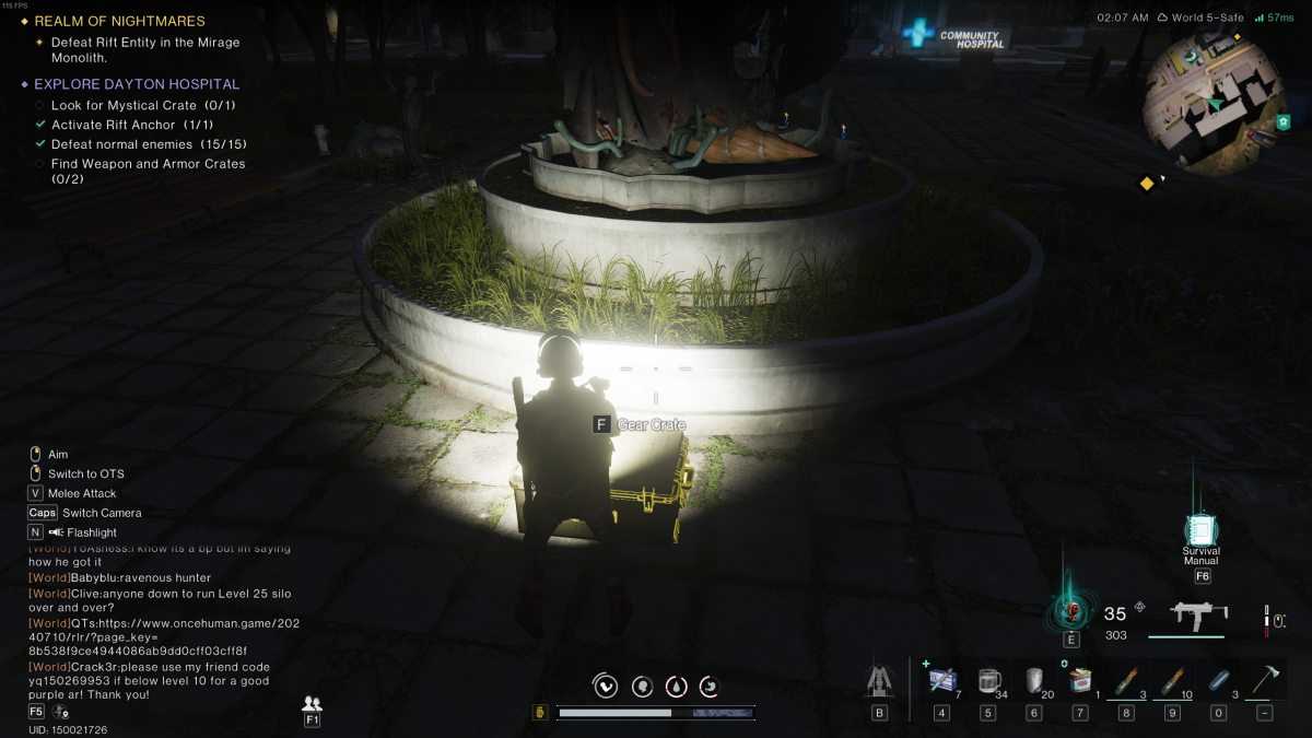 A night time image of a statue with an overgrown garden, a chest tucked away behind it