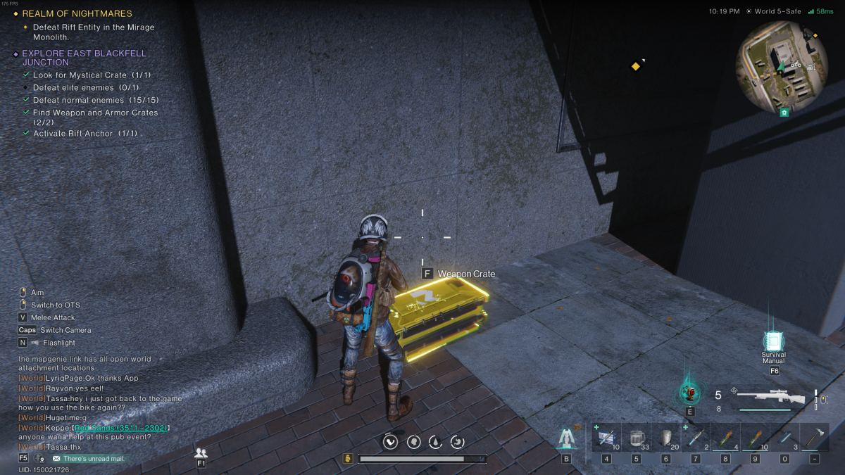 Image of the player looking at a weapon crate that's against a large stone wall in Once Human in East Blackfell Junction