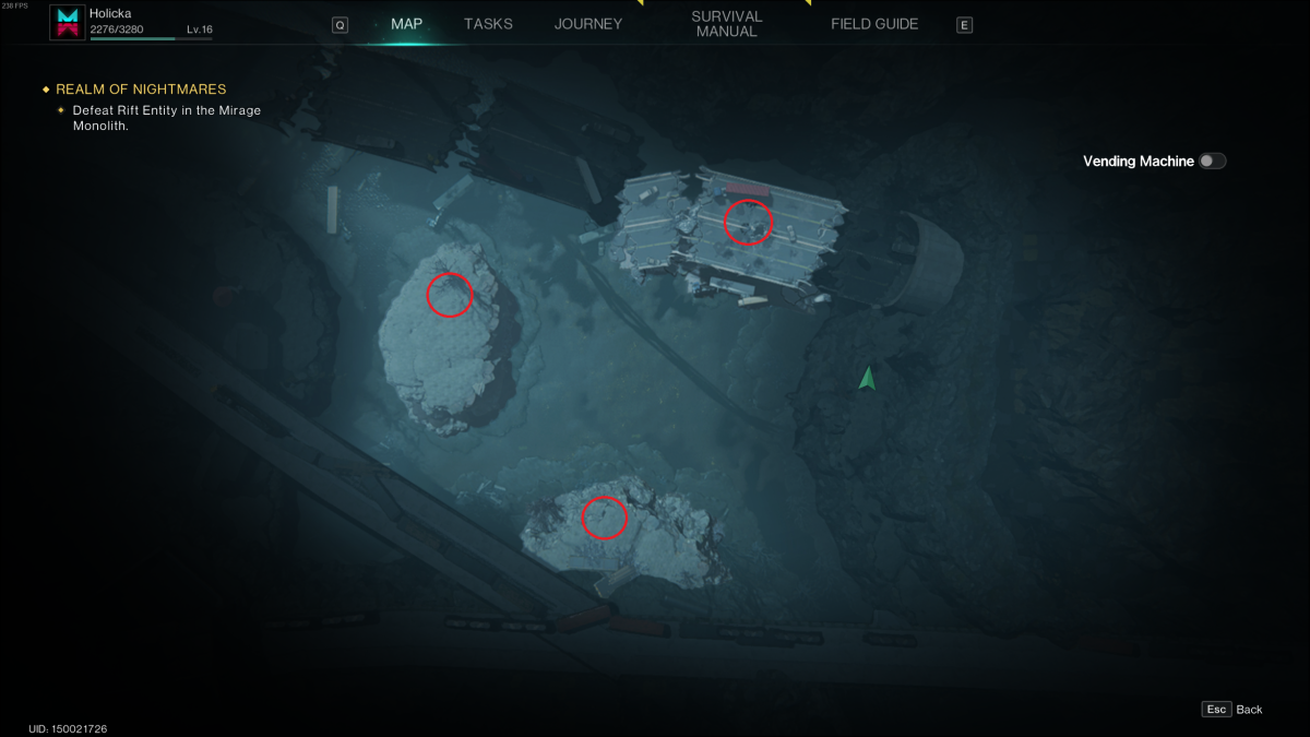 Image of the Treant arena map with three red circles marking the locations of its vines in Once Human