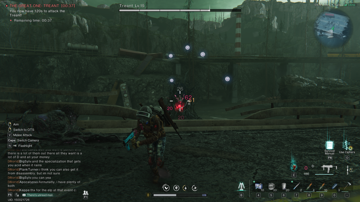 Image of the player doing tick damage to a woman who is half-submerged into the tree-beast 