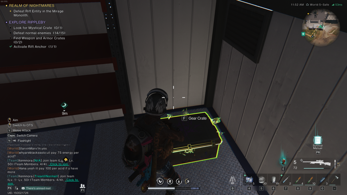 The player stands in a dark corner of the white warehouse with a gear crate at their feet