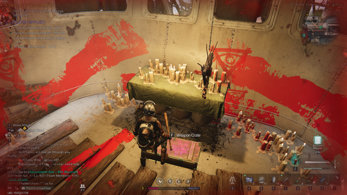 A small room on the ship splattered with red paint and occultist symbols. A green table is against the wall covered with candles, a weapon crate in front of it