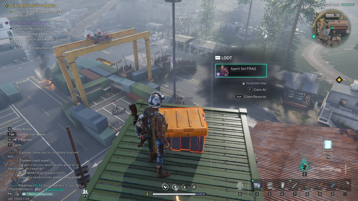 Image of the player standing on a green cargo crate with a mystical crate at their feet in Once Human