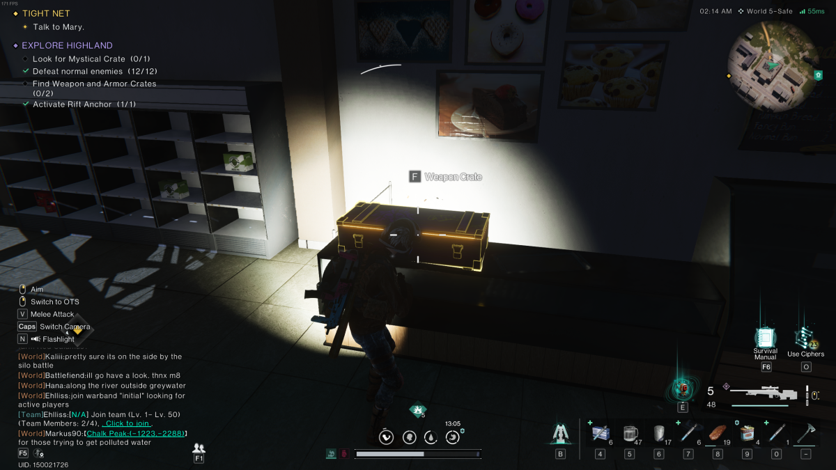 The player stands in a dark store with a large golden crate on top of a counter in front of them in Once Human