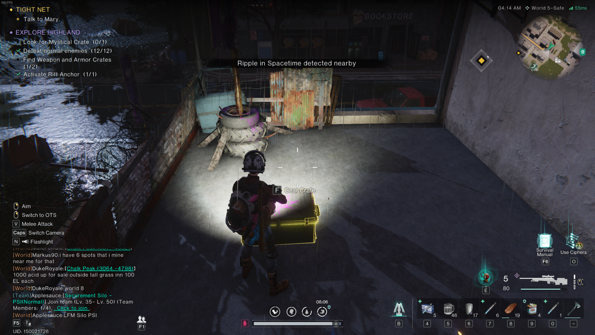 The player stands on a small roof surrounded by barbed wire and tires, with a crate at their feet in Once Human